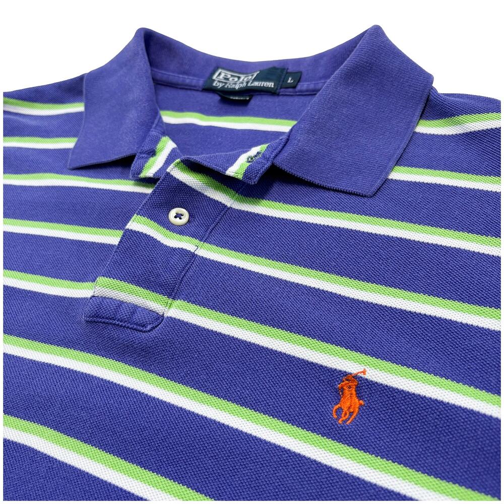 Y2K Polo Ralph Lauren Striped Polo Shirt Mens L Purple Cotton Colorful Retro